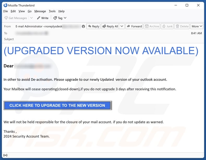 Outlook - Upgraded Version Now Available email spam campaign