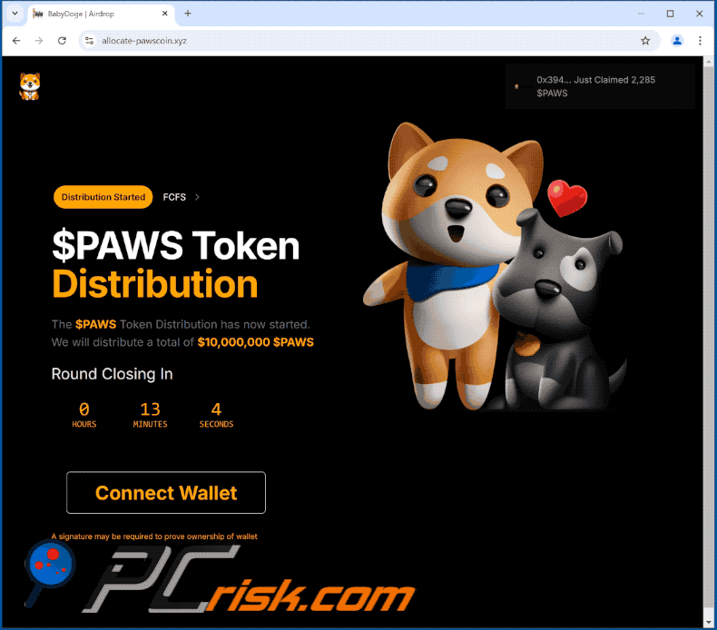 Appearance of $PAWS Token Distribution scam (GIF)