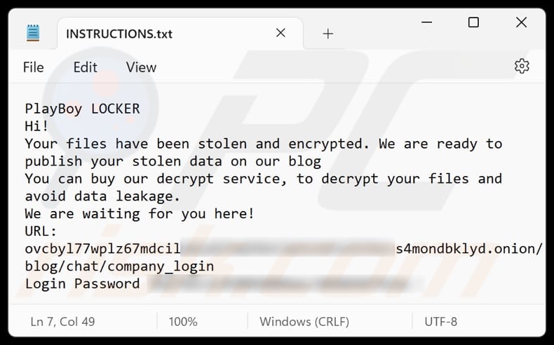 PlayBoy LOCKER ransomware text file (INSTRUCTIONS.txt)