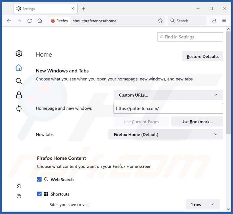 Removing potterfun.com from Mozilla Firefox homepage