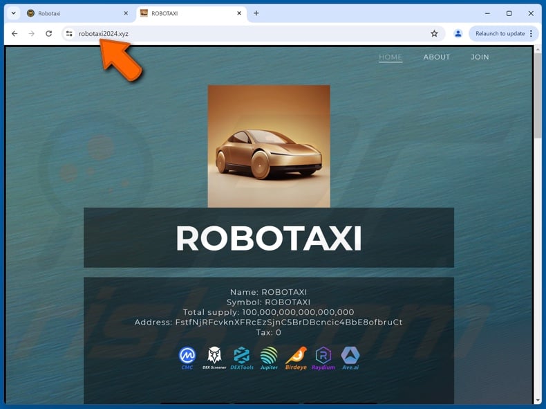 Appearance of website (robotaxi2024[.]xyz) promoting ROBOTAXI ($TAXI) scam