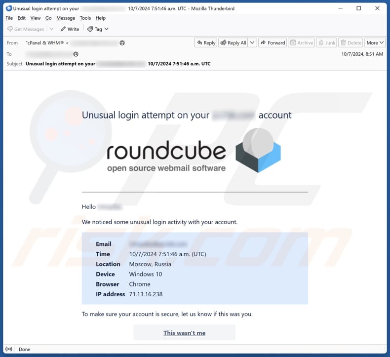 Roundcube - Unusual Login Attempt email spam campaign