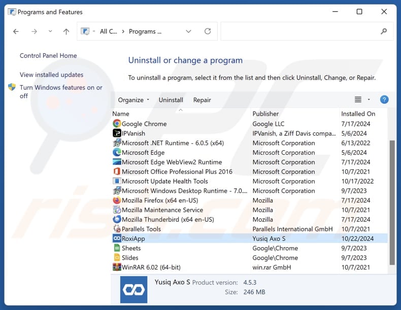 RoxiApp uninstall via Control Panel