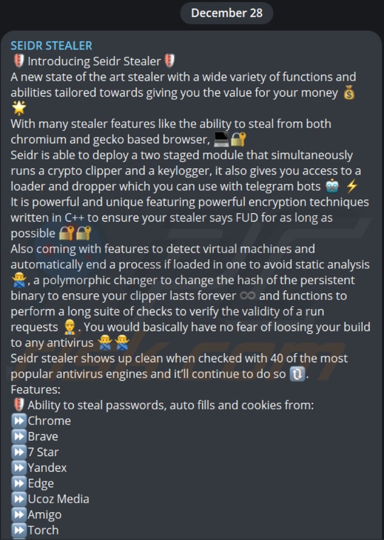 Seidr malware promoted on Telegram