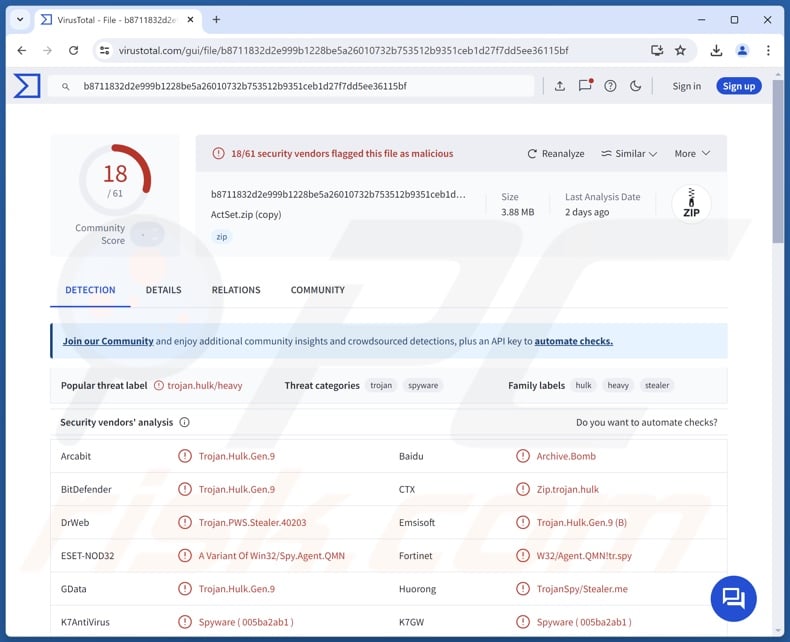 SMD69 malware detections on VirusTotal