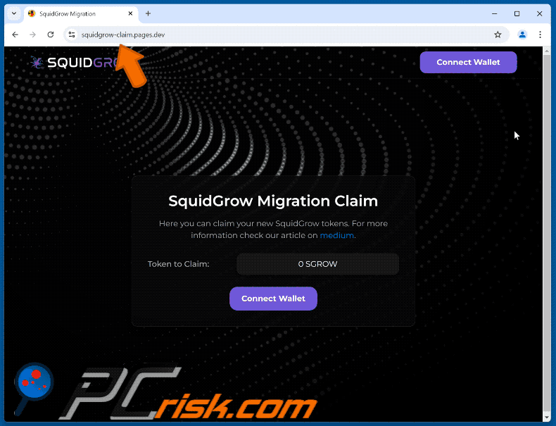 Appearance of SquidGrow Migration Claim scam (GIF)