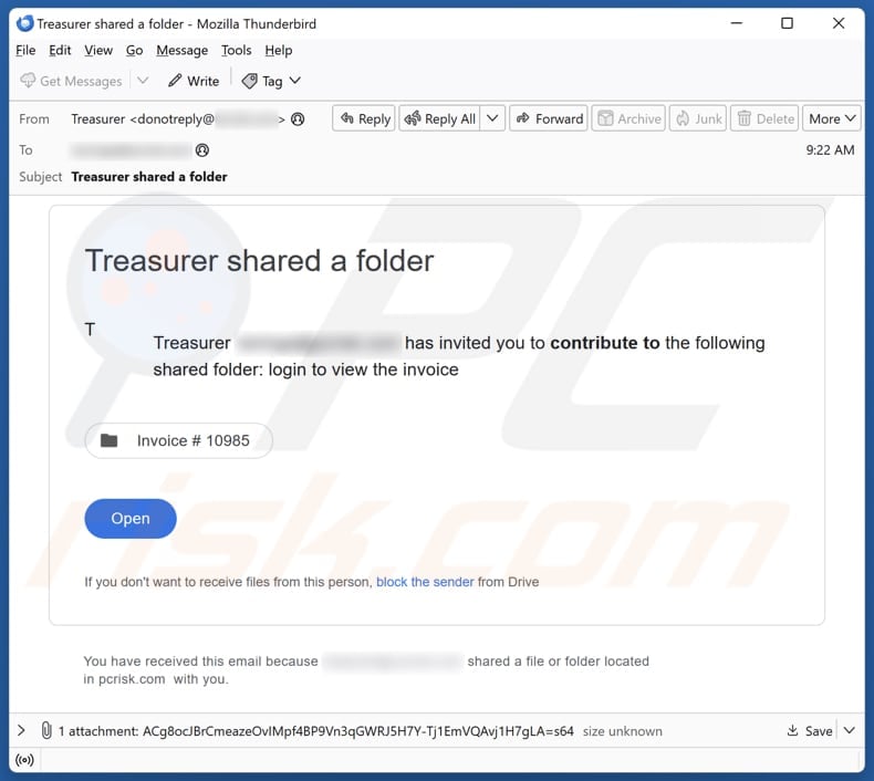 Treasurer Shared A Folder email spam campaign