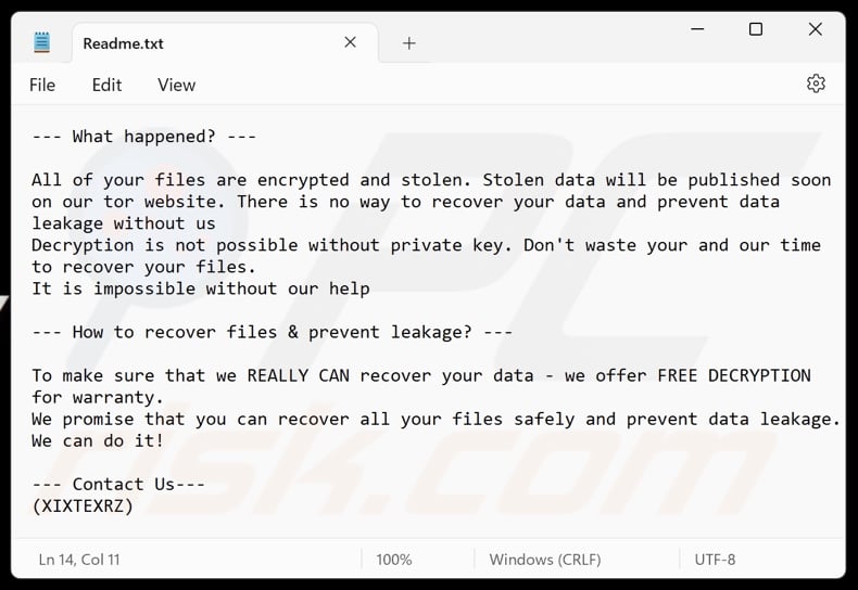 XIXTEXRZ ransomware ransom note (Readme.txt)