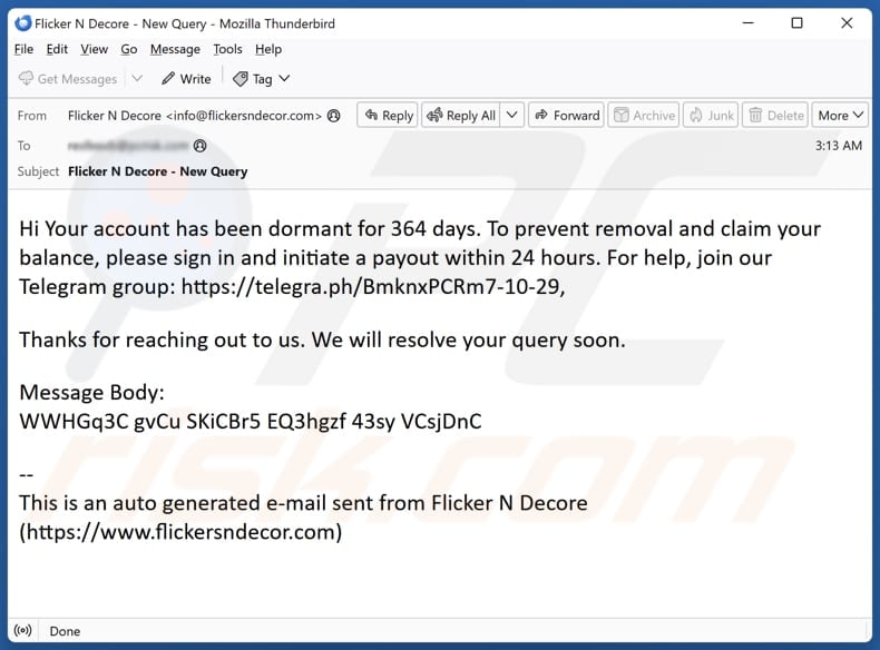 Your Account Has Been Dormant email scam second variant