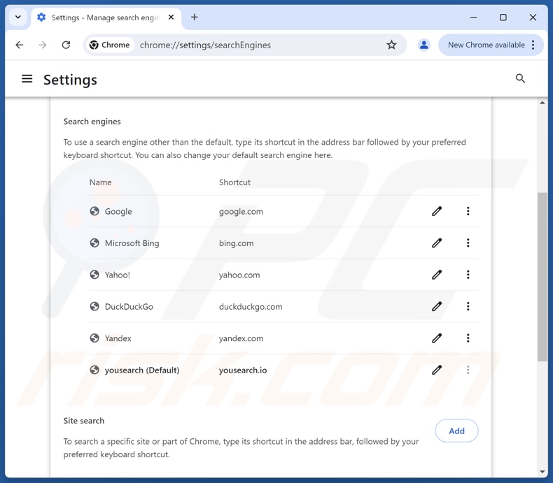 Removing yousearch.io from Google Chrome default search engine