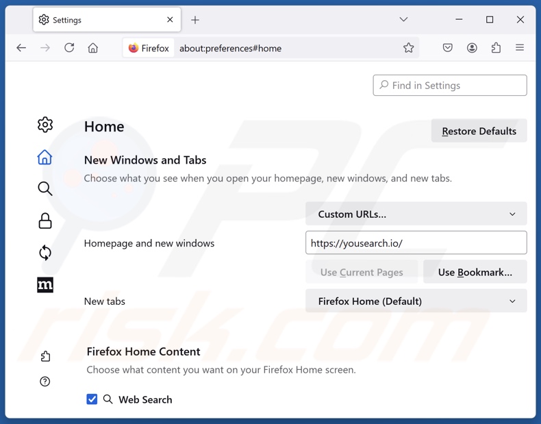 Removing yousearch.io from Mozilla Firefox homepage