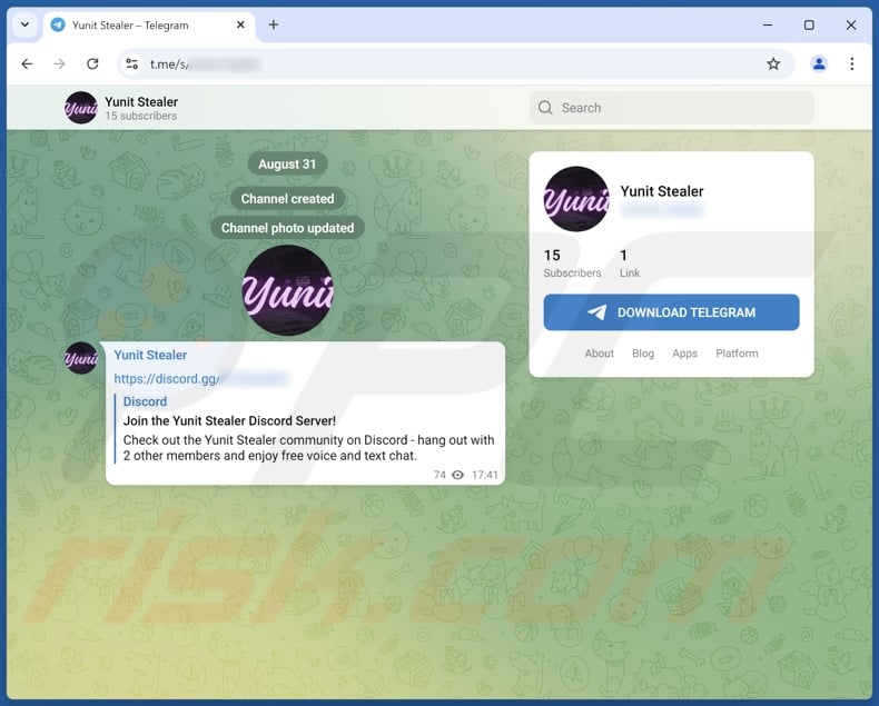 Telegram channel promoting Yunit malware