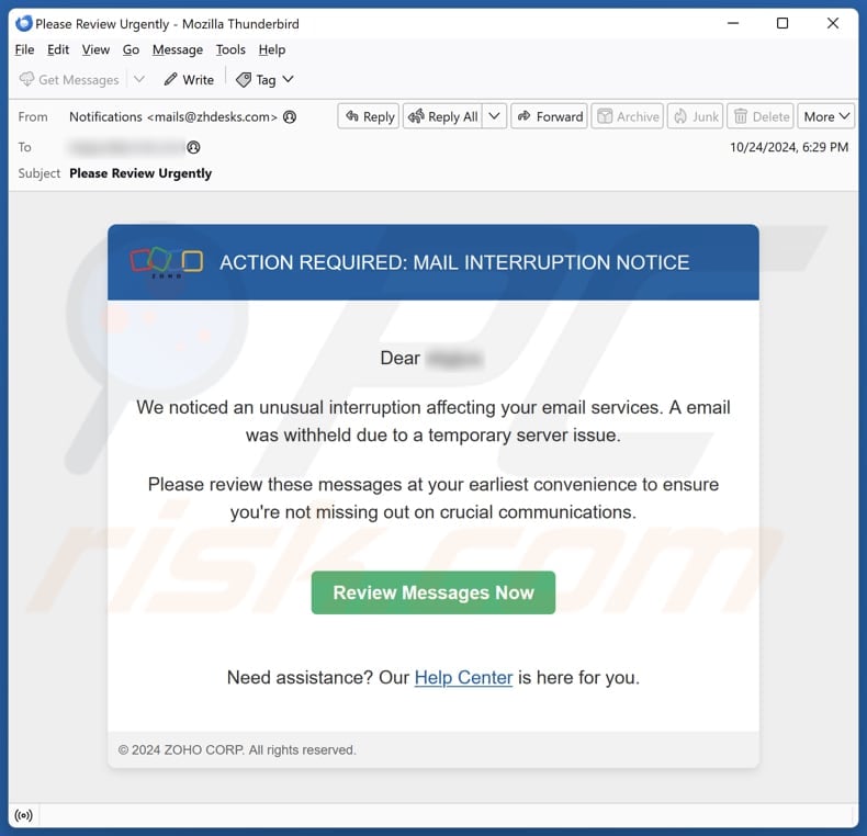 ZOHO Mail Interruption Notice scam email spam campaign