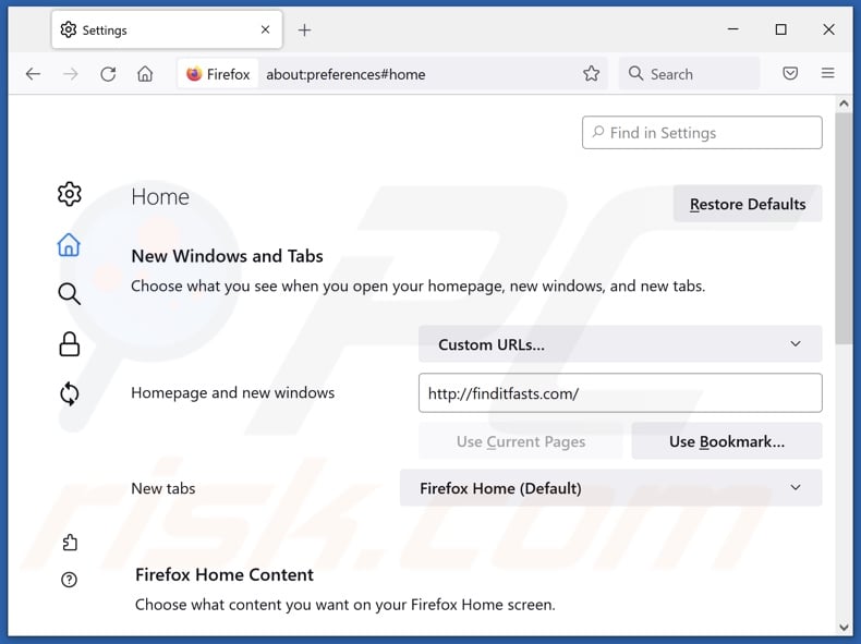 Removing finditfasts.com from Mozilla Firefox homepage