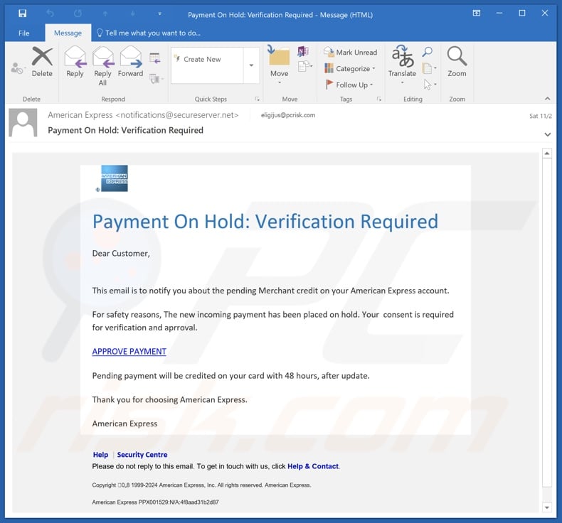 American Express - Payment On Hold email spam campaign