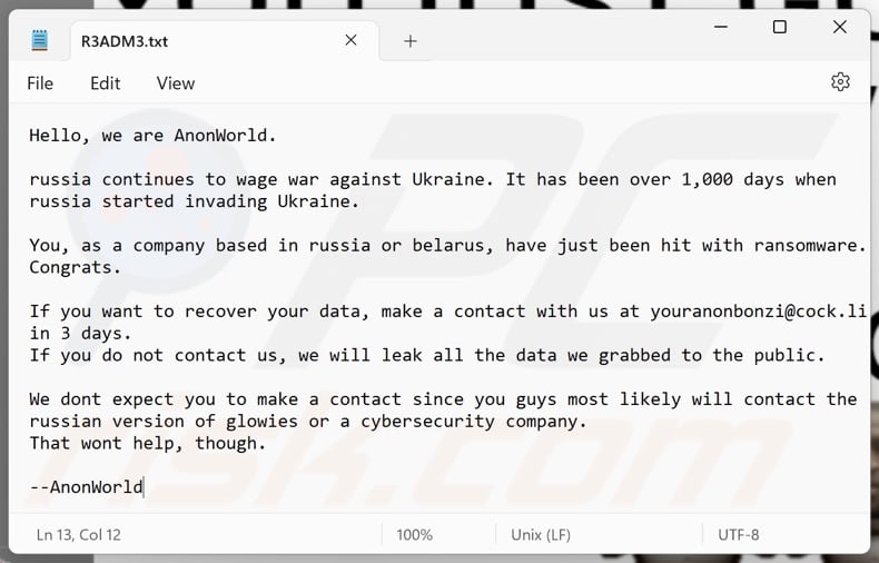 AnonWorld ransomware ransom note (R3ADM3.txt)