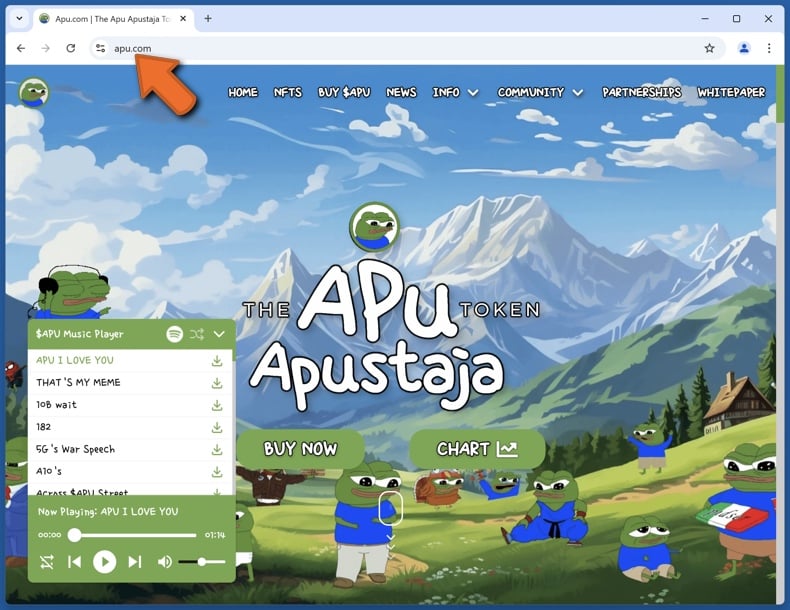 Appearance of the real APU memecoin website (apu.com)