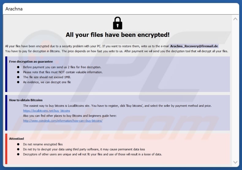 Arachna ransomware ransom note in a pop-up window