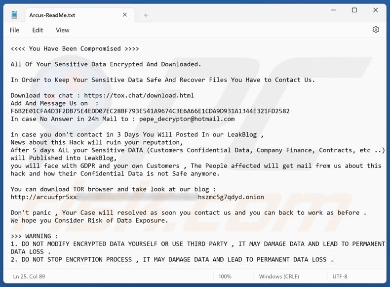 Arcus ransomware ransom note second variant (Arcus-ReadMe.txt)