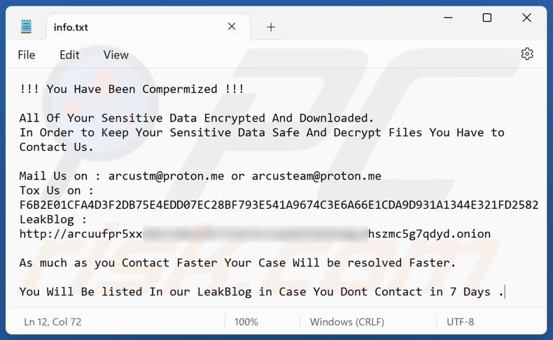 Arcus ransomware text file (info.txt)