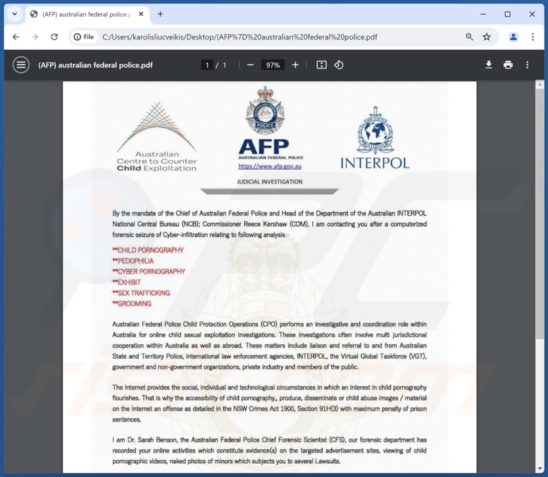 Australian Federal Police scam email attachment