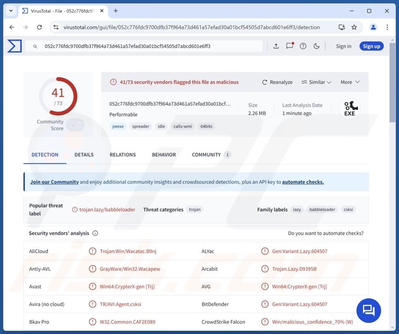 BabbleLoader malware detections on VirusTotal