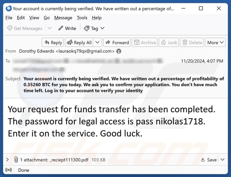 Binance Bitcoin Payout scam promoting spam email