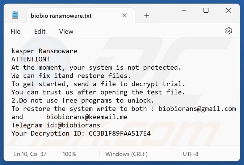 Biobio (Kasper) ransomware ransom note (biobio ransmoware.txt)