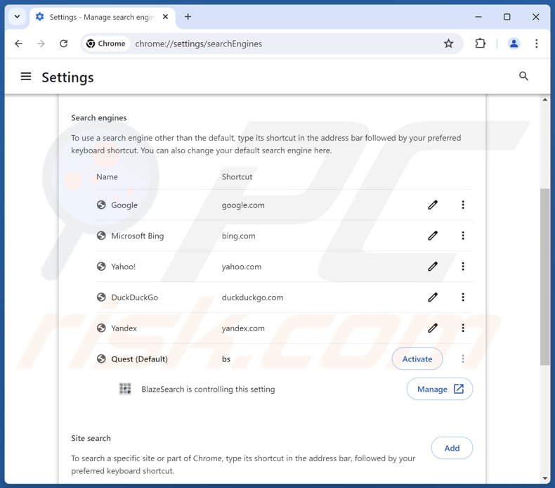 Removing guardflares.com from Google Chrome default search engine