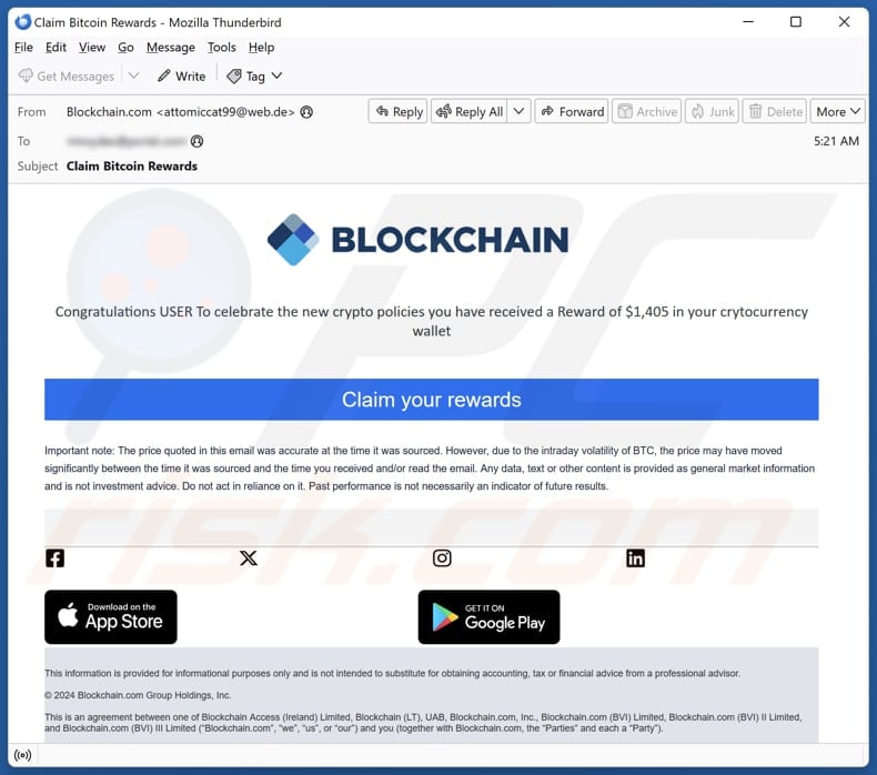 Blockchain Rewards email spam campaign