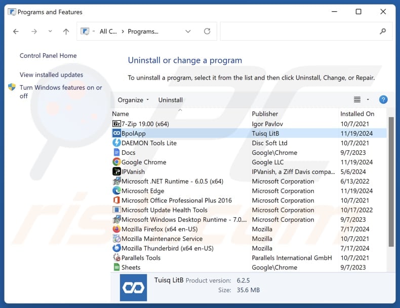 BpolApp uninstall via Control Panel