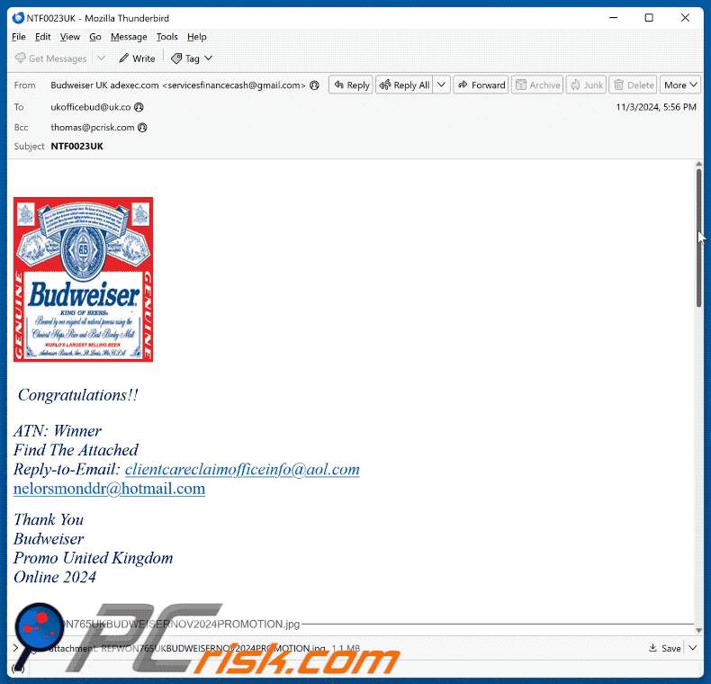 Budweiser Lottery email scam appearance