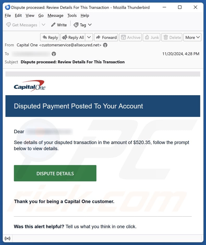 Capital One - Disputed Payment Posted To Your Account email spam campaign