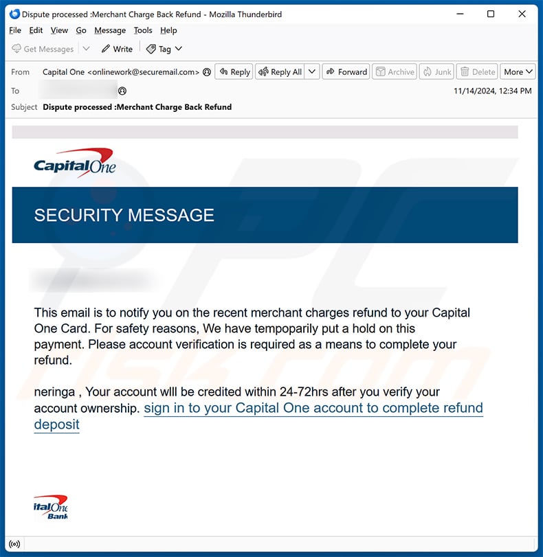 Capital One SECURITY MESSAGE email scam (2024-11-19)