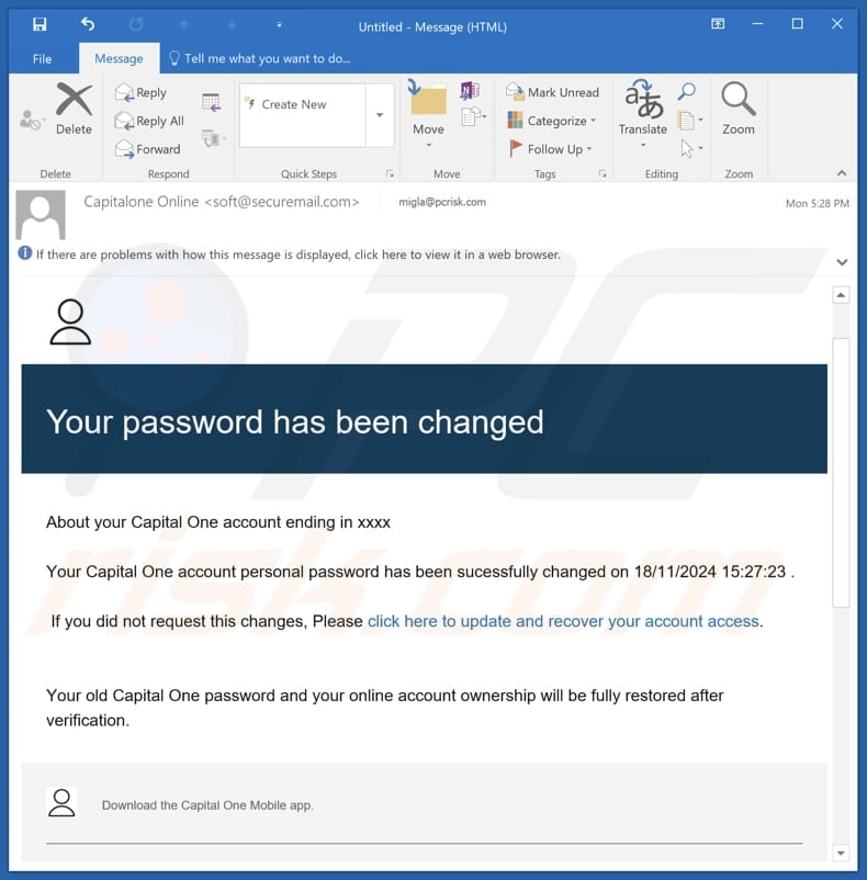 Capital One - Your Password Has Been Changed email spam campaign