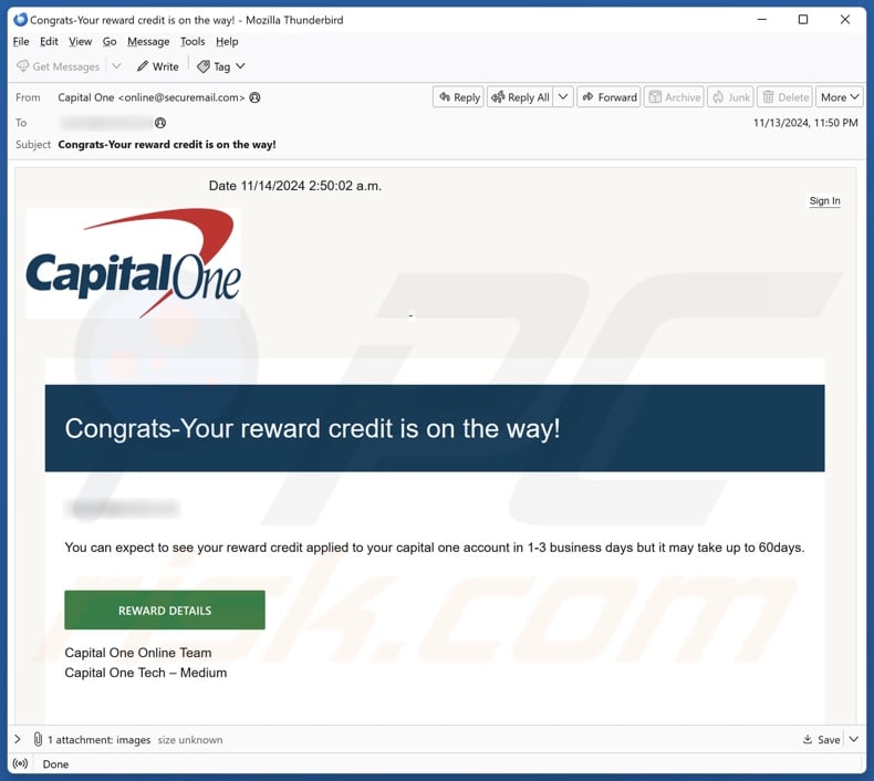 Capital One - Your Reward Credit Is On The Way email spam campaign