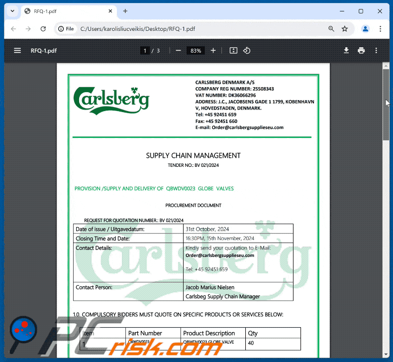 Carlsberg Supply Quotation email scam attachment