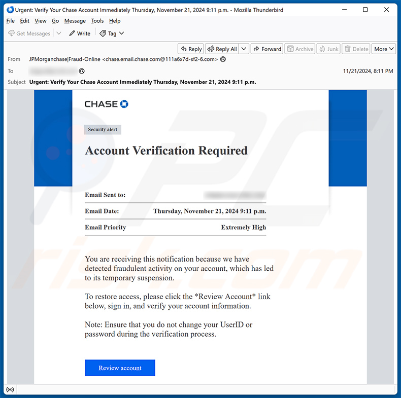 Chase - Account Verification email scam (2024-11-22)