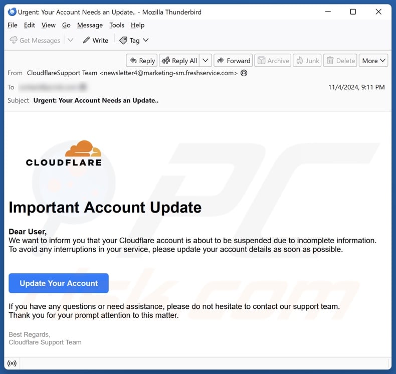 Cloudflare - Important Account Update email spam campaign