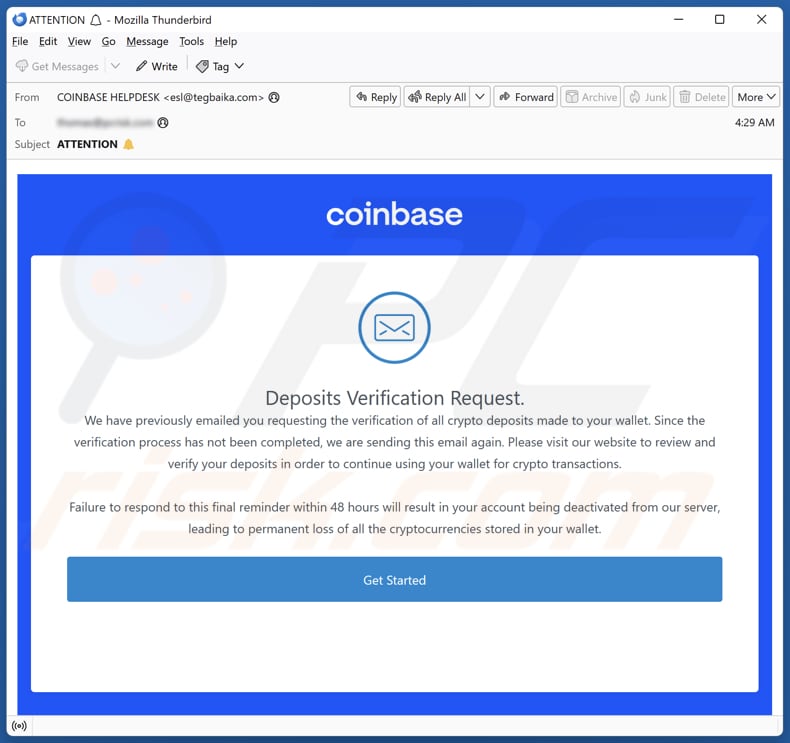 Coinbase - Deposits Verification Request email spam campaign