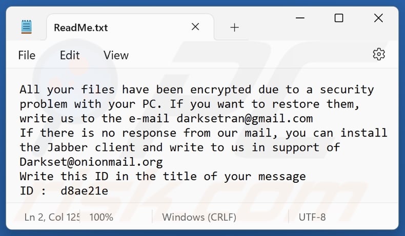 DARKSET ransomware ransom note (ReadMe.txt)