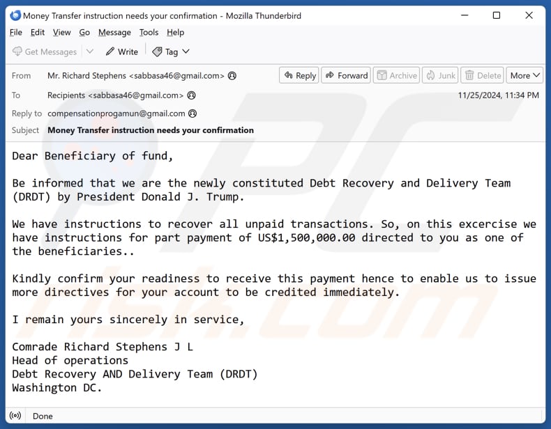 Debt Recovery And Delivery Team (DRDT) email spam campaign