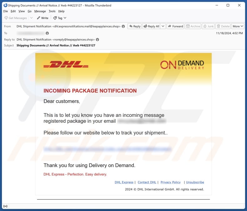 DHL - INCOMING PACKAGE NOTIFICATION email spam campaign