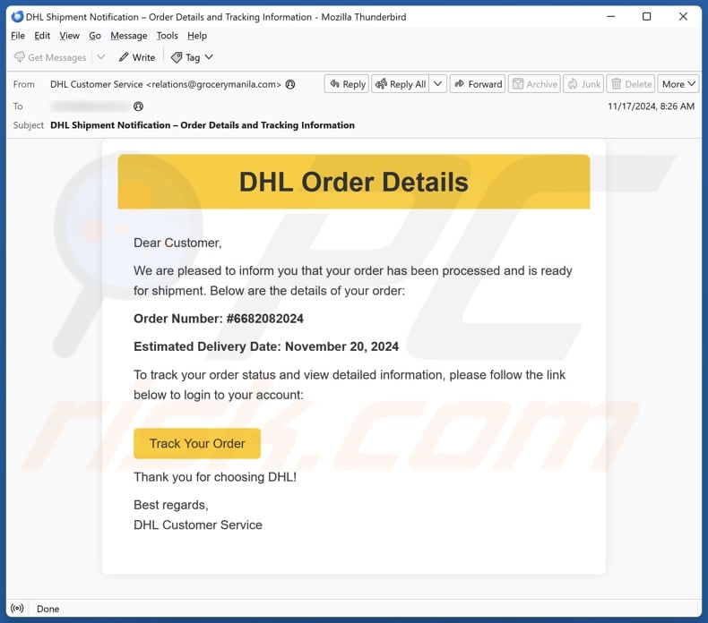 DHL Order Details email spam campaign