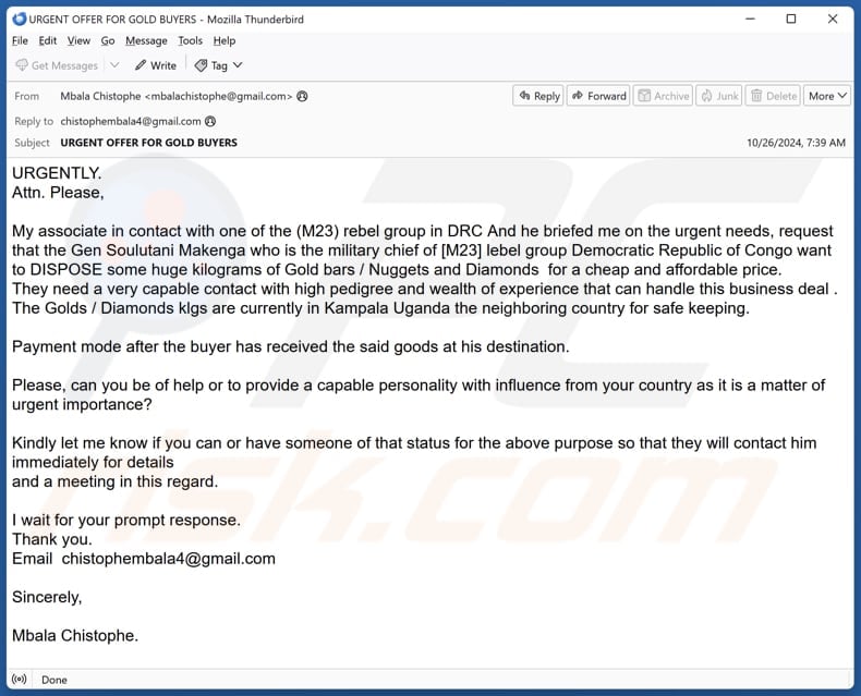 Disposal Of Gold Bars, Nuggets And Diamonds email spam campaign