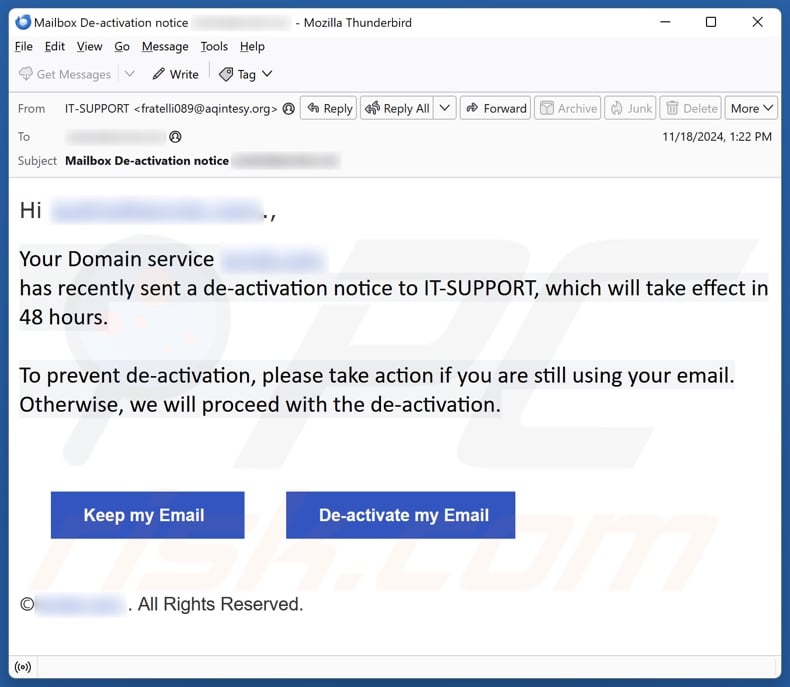 Domain Service Sent A De-activation Notice email spam campaign