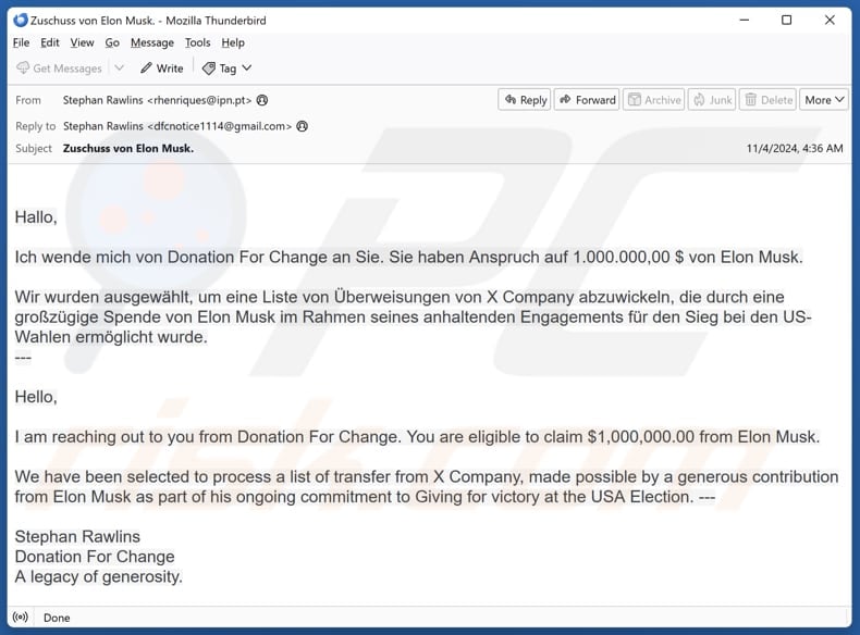 Elon Musk - Donation From Change email spam campaign