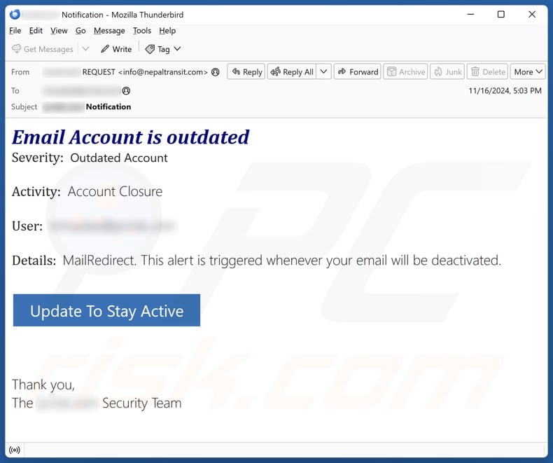 Email Account Is Outdated email spam campaign