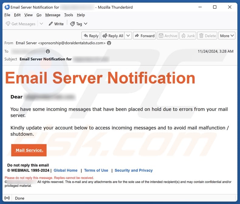 Email Server Notification email spam campaign