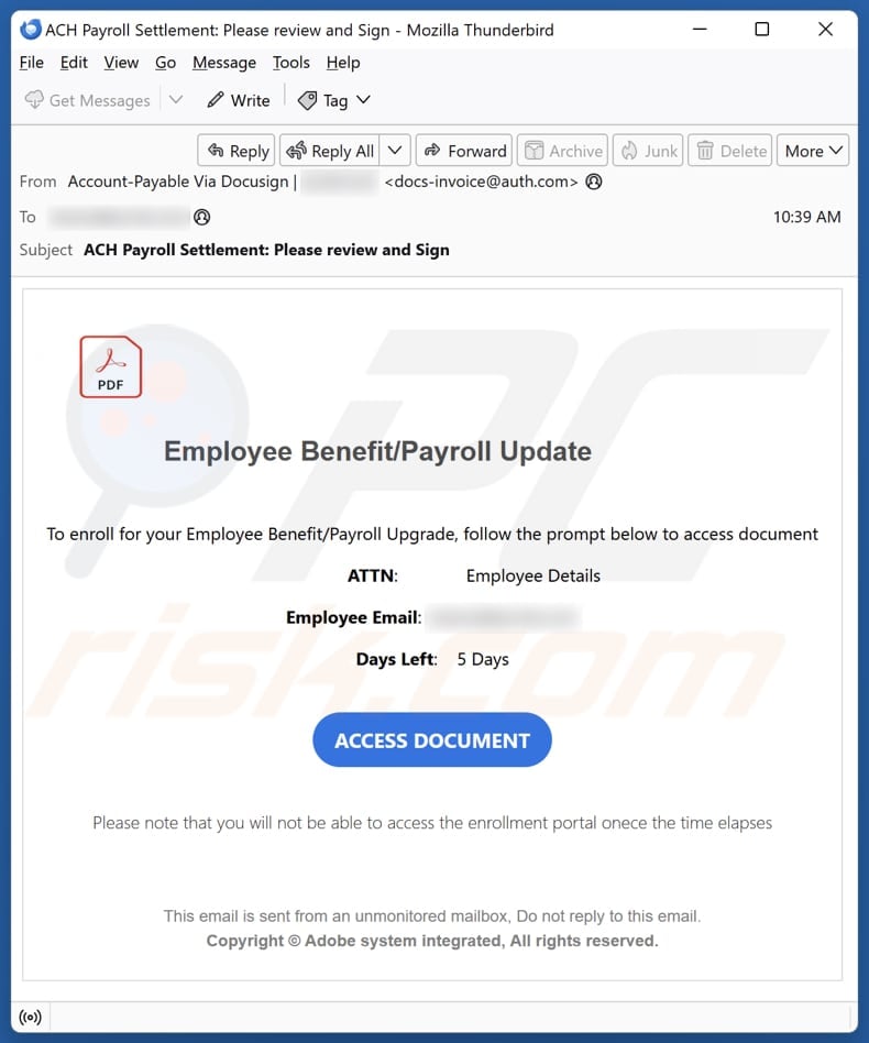 Employee Benefit/Payroll Update email spam campaign